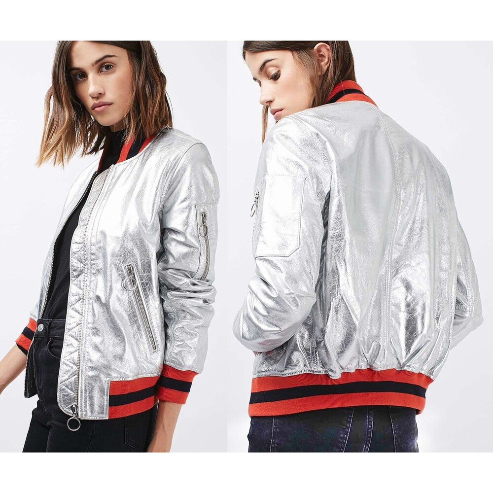 TOPSHOP Real Leather Silver MA-1 Bomber Jacket Sz US 4 Y2K Biker Rocker GUCCI
